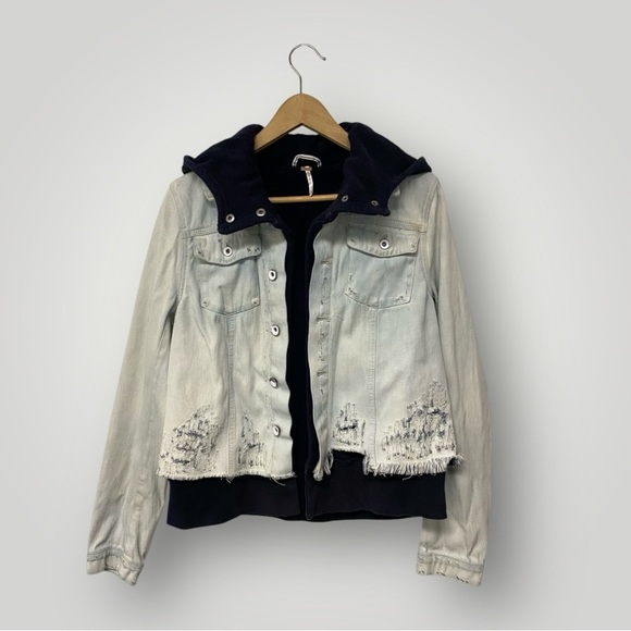 Free People Double Weave Denim Jacket Hooded Distressed Grunge Streetwear Sz M - Picture 1 of 7